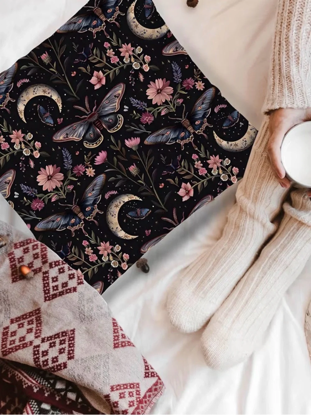 Dark Academia Gothic Moth Moon Floral Throw Pillow Cover 16x16 Celestial Dream
